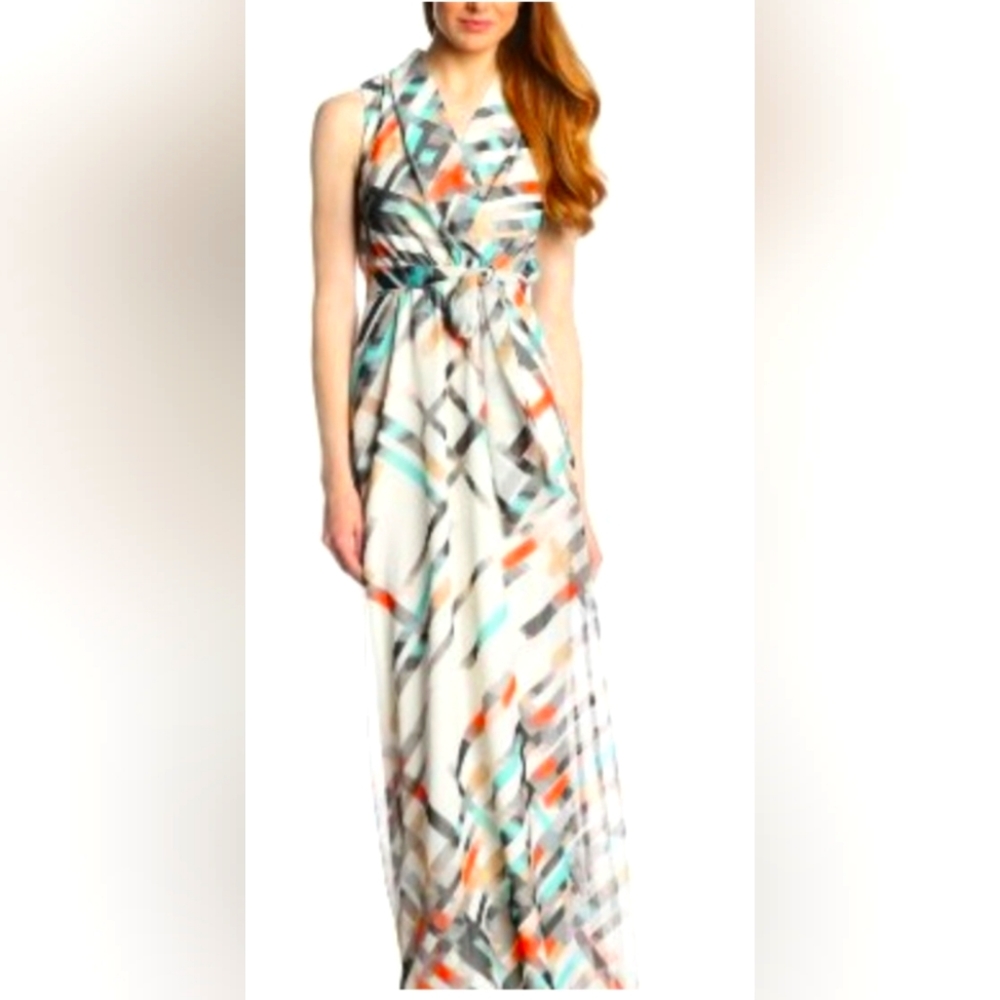 Vince Camuto Womens Sleeveless Printed Wrap Maxi Dress w/belt